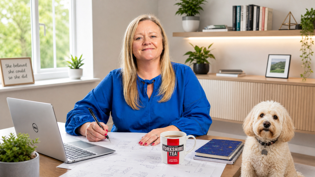 Anna Short, Business & Marketing Mentor drinking her favourite brew with her dog Benjy-Boo