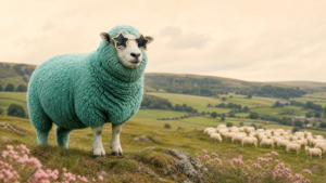 Green sheep wearing star-shaped sunglasses standing apart from a flock, representing business differentiation and confidence in being different