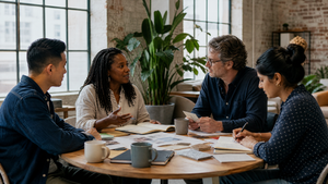 Business professionals discussing ideas, feedback and priorities during a planning meeting